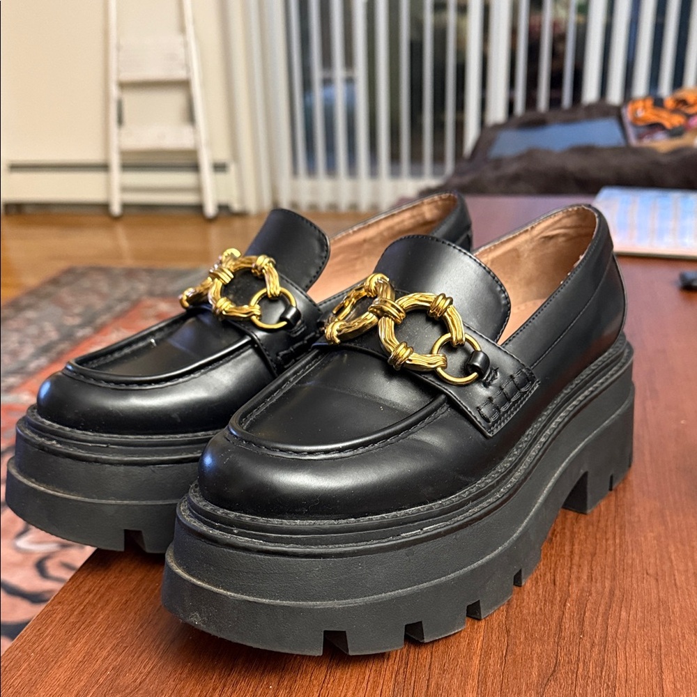 Circus by Sam Edelman Black Chunky Loafers with Gold Chain Detail